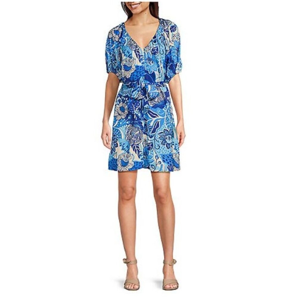 Alex Marie Womens Floral Print V-Neck Short Dress With‎ Belt Blue & White XL
